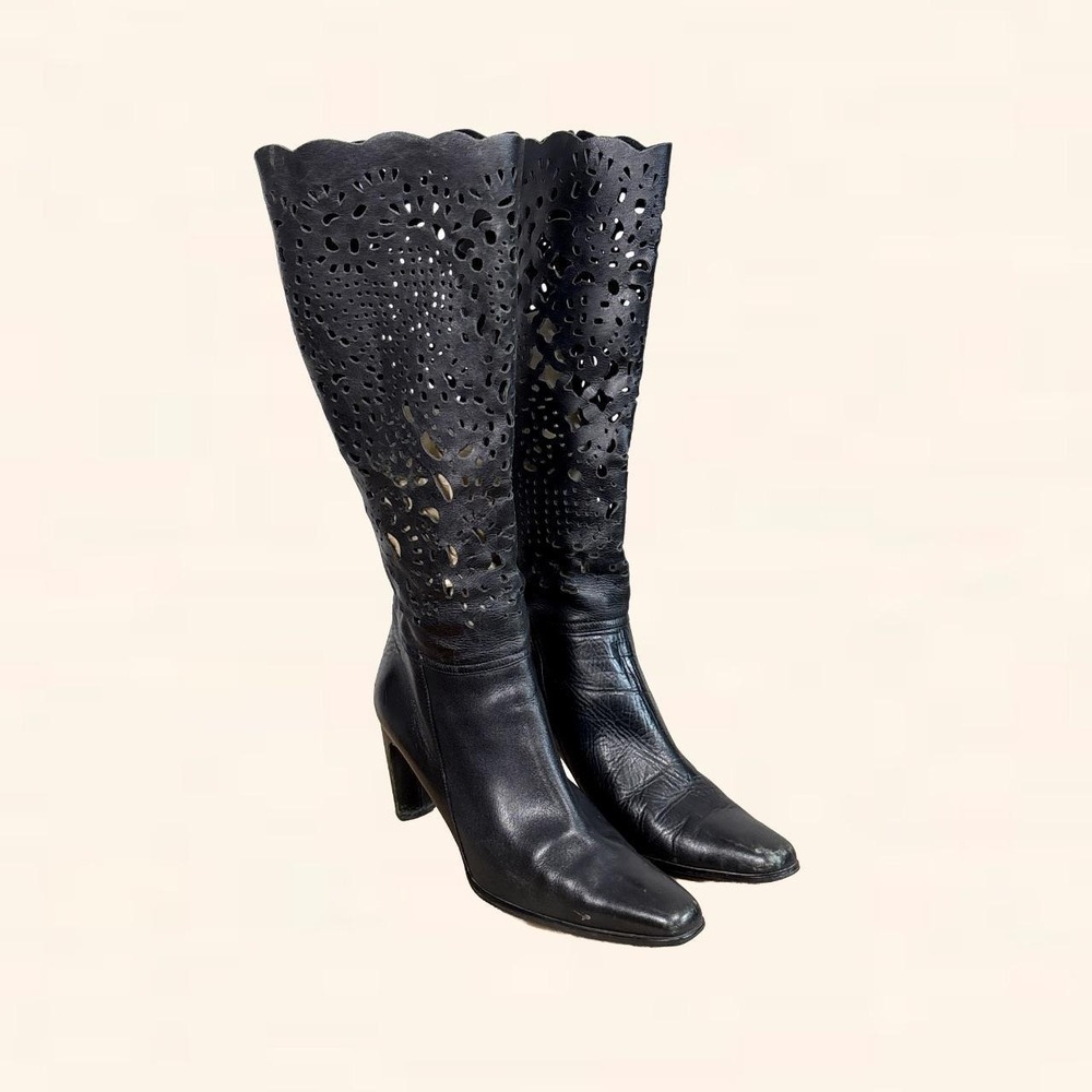 Vintage Black Leather Laser Cut Knee High Boots Size 8